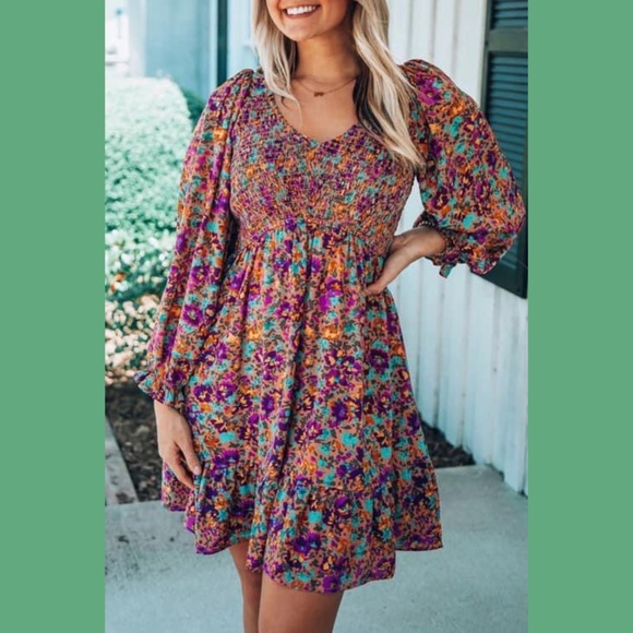 Dresses & Skirts - Purple Floral Smocked Balloon Sleeve Dress